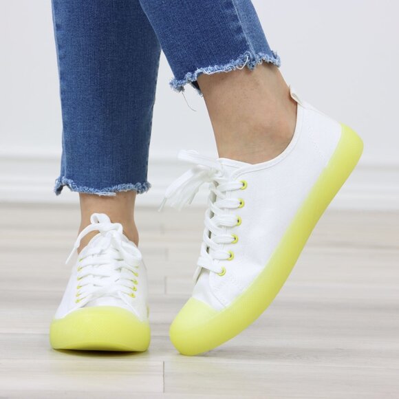 White Canvas Sneakers Yellow Sole Lace-Up Casual Everyday Comfort - Picture 11 of 14